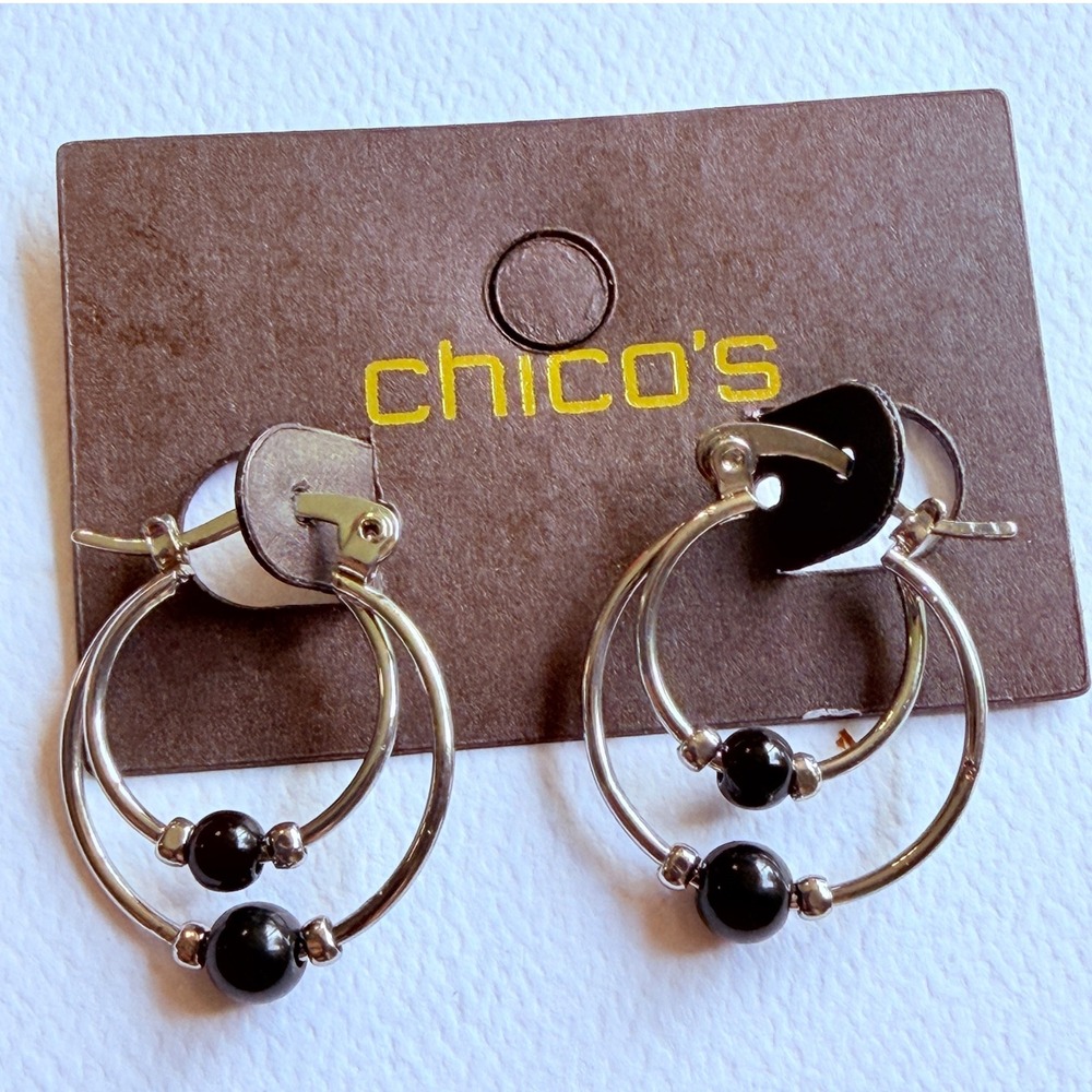Chico's Hoop Earrings Y2K Silver Tone Black Bead 0.75" Double Hoop Locking Wire - Picture 5 of 8
